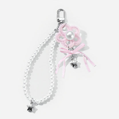 Anna-Kaci Pearl Beaded Keychain with Ribbon Bow and Star Charms