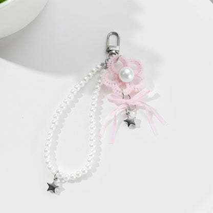 Anna-Kaci Pearl Beaded Keychain with Ribbon Bow and Star Charms