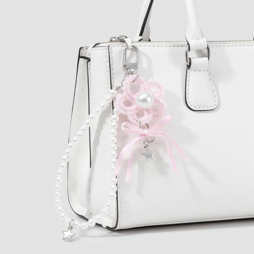 Anna-Kaci Pearl Beaded Keychain with Ribbon Bow and Star Charms