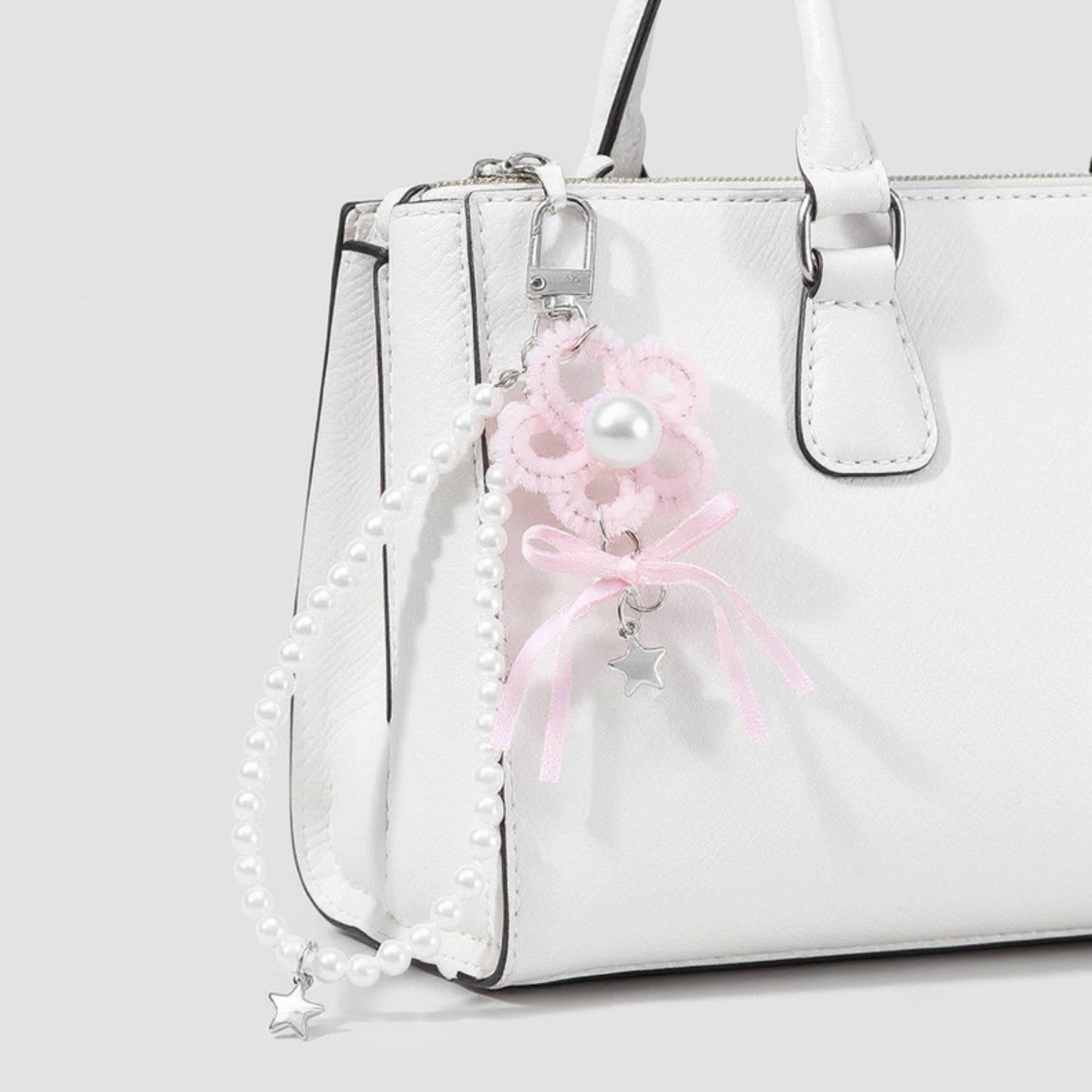 Anna-Kaci Pearl Beaded Keychain with Ribbon Bow and Star Charms