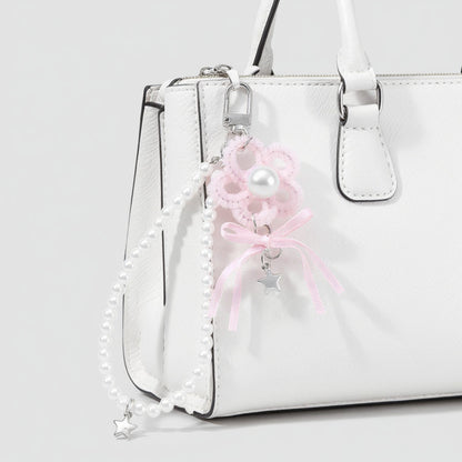 Anna-Kaci Pearl Beaded Keychain with Ribbon Bow and Star Charms