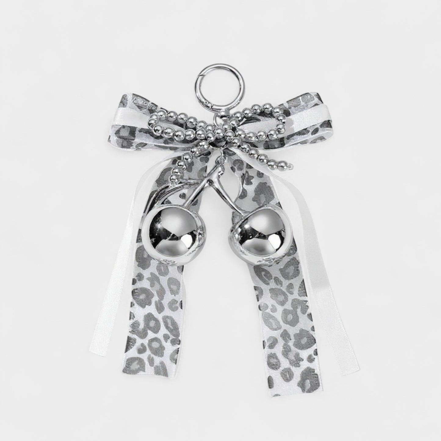 Anna-Kaci Leopard Print Ribbon Keychain with Pearl Bow and Cherry Charms