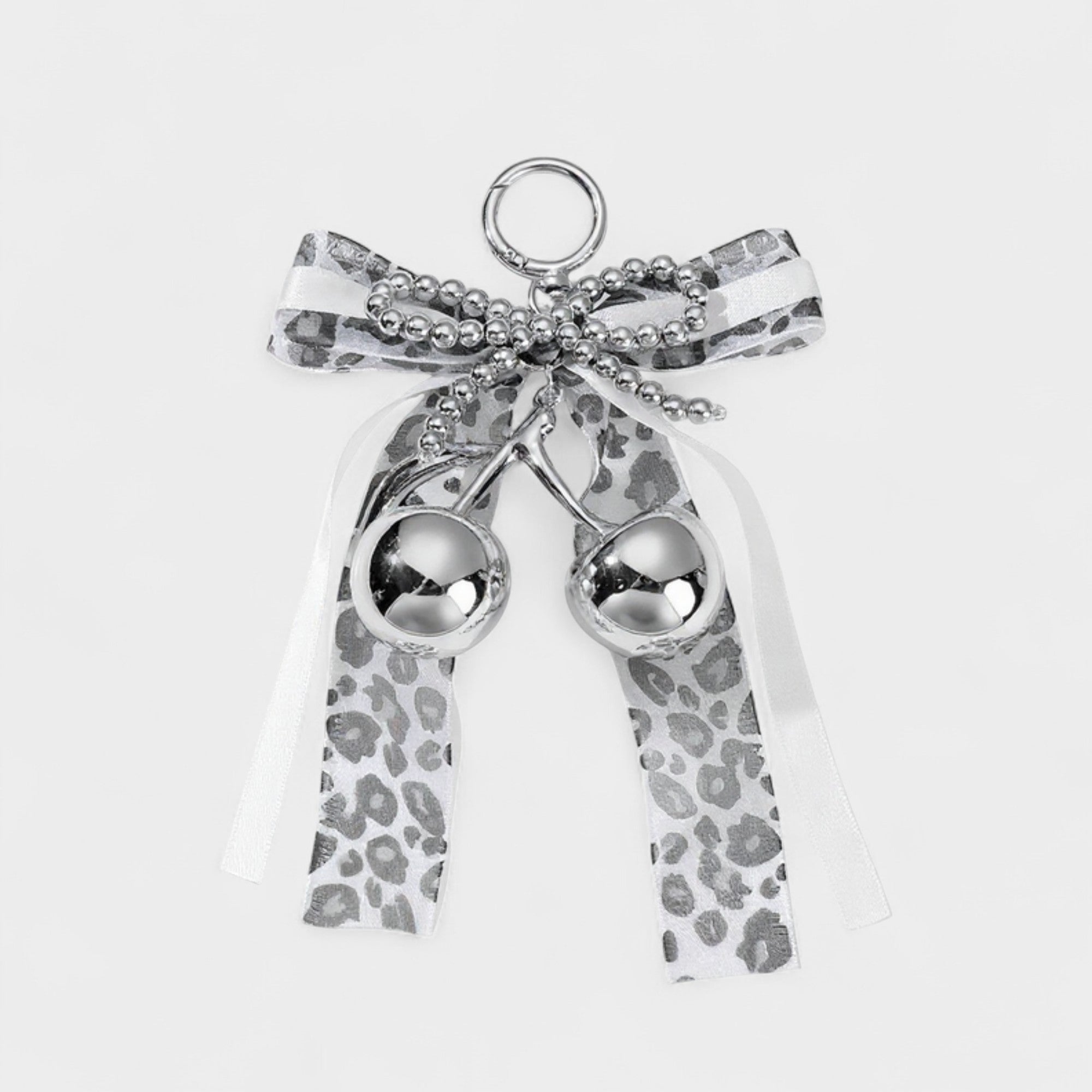 Anna-Kaci Leopard Print Ribbon Keychain with Pearl Bow and Cherry Charms