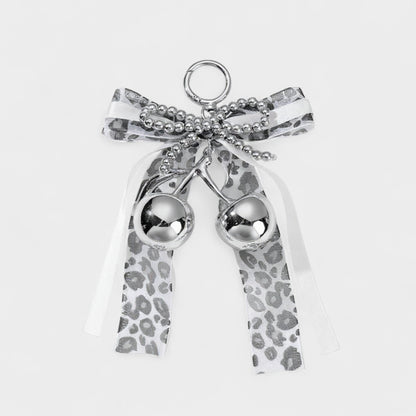 Anna-Kaci Leopard Print Ribbon Keychain with Pearl Bow and Cherry Charms