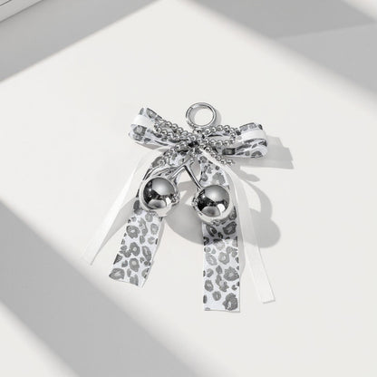 Anna-Kaci Leopard Print Ribbon Keychain with Pearl Bow and Cherry Charms
