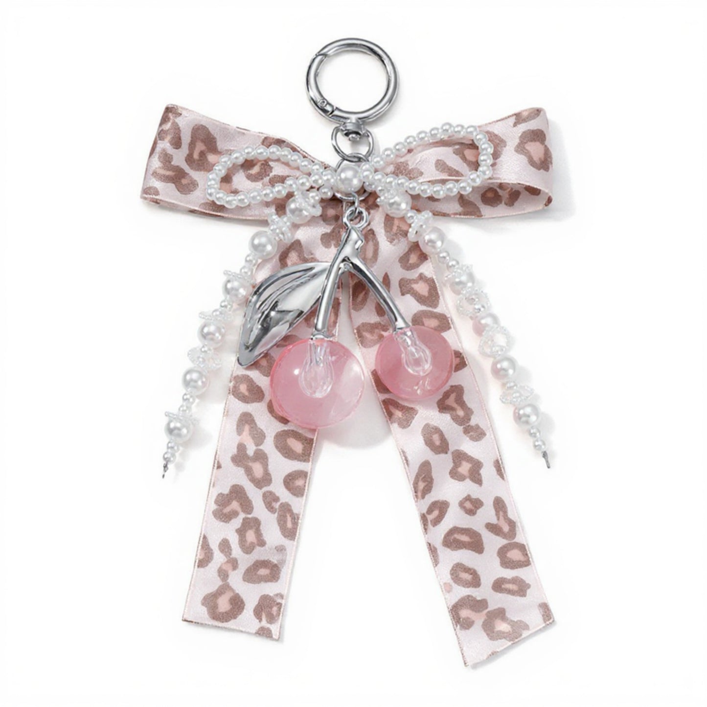Anna-Kaci Leopard Print Ribbon Keychain with Pearl Bow and Cherry Charms
