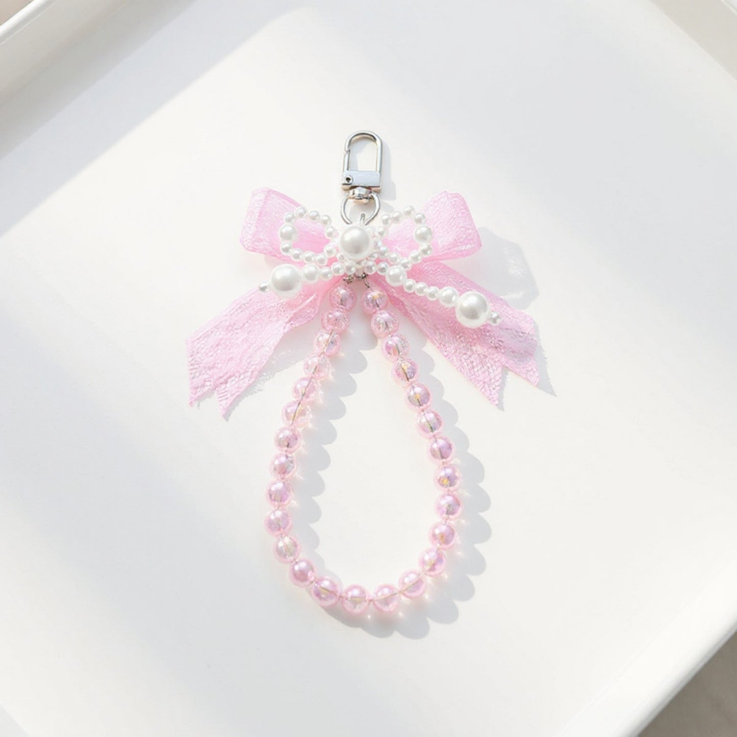 Anna-Kaci Beaded Keychain with Lace Bow and Pearl Accents