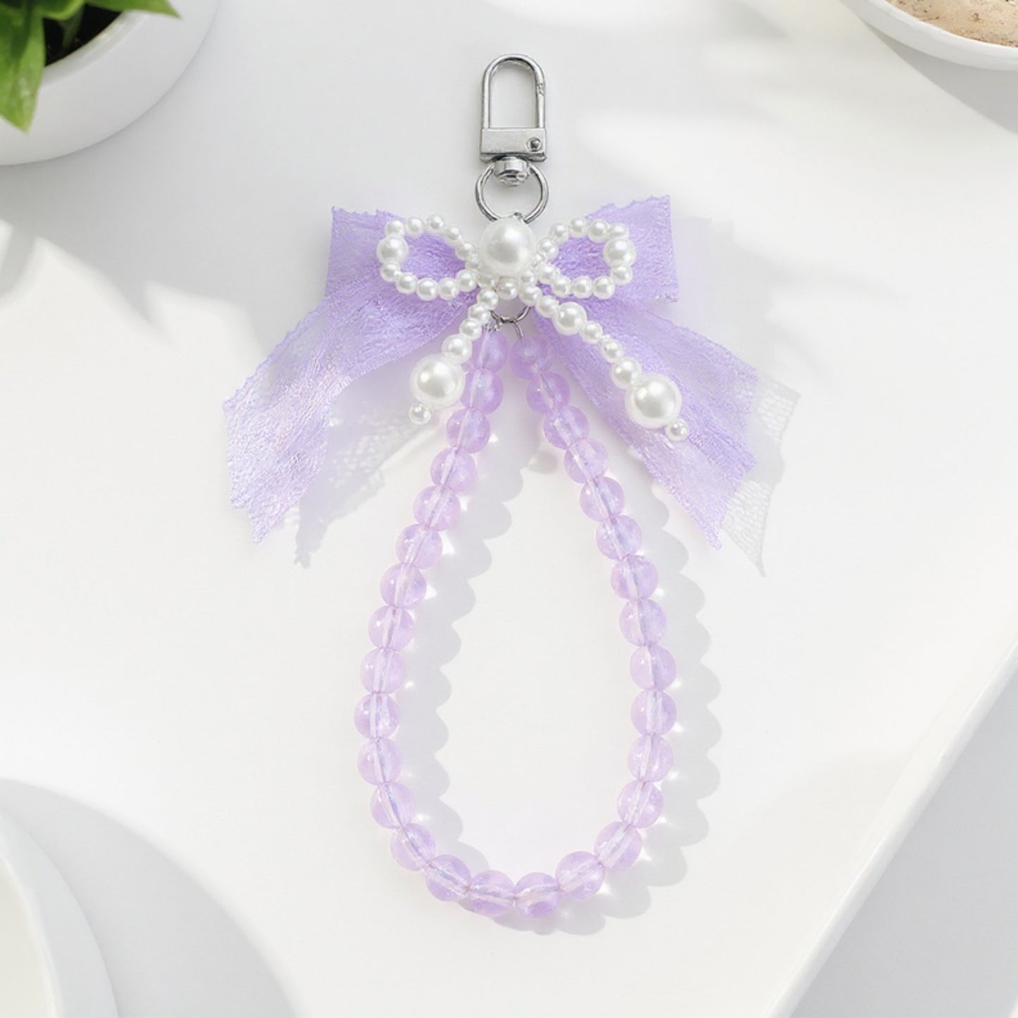 Anna-Kaci Beaded Keychain with Lace Bow and Pearl Accents