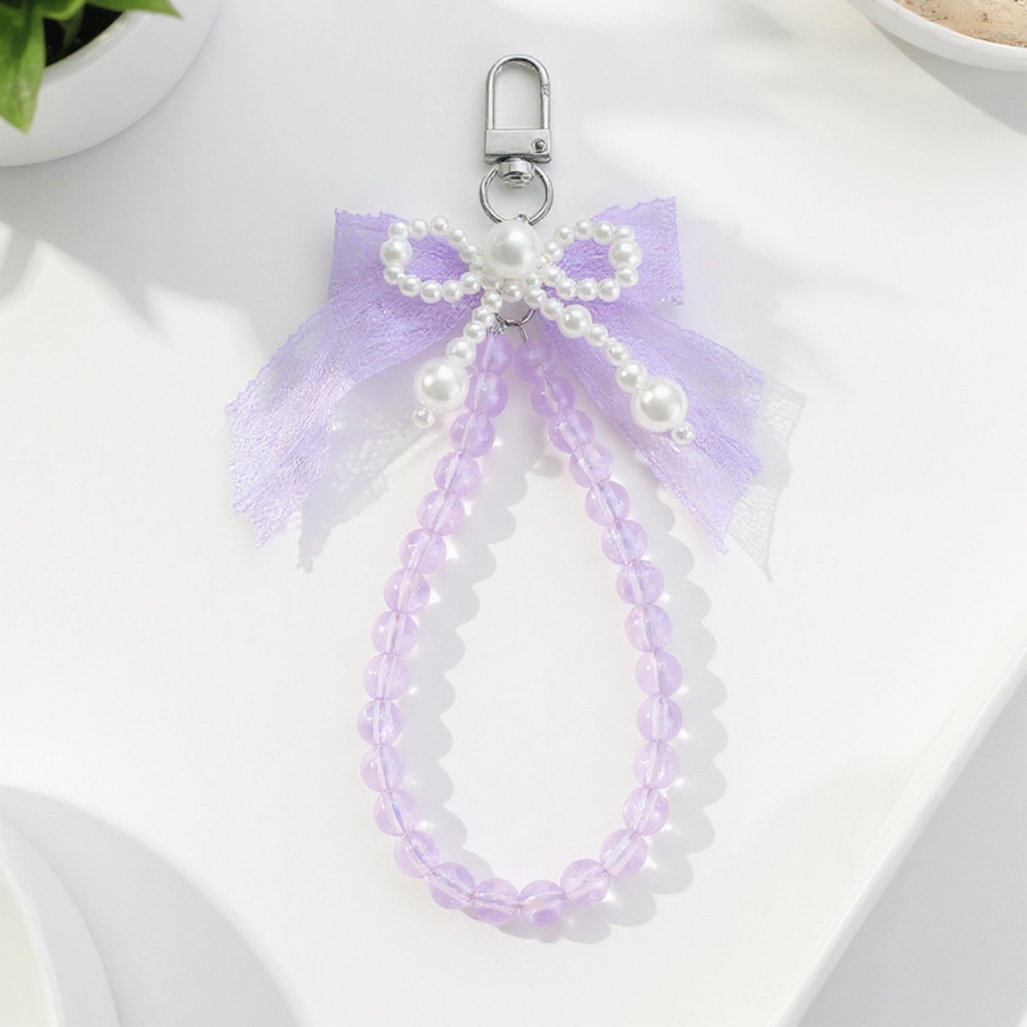 Anna-Kaci Beaded Keychain with Lace Bow and Pearl Accents