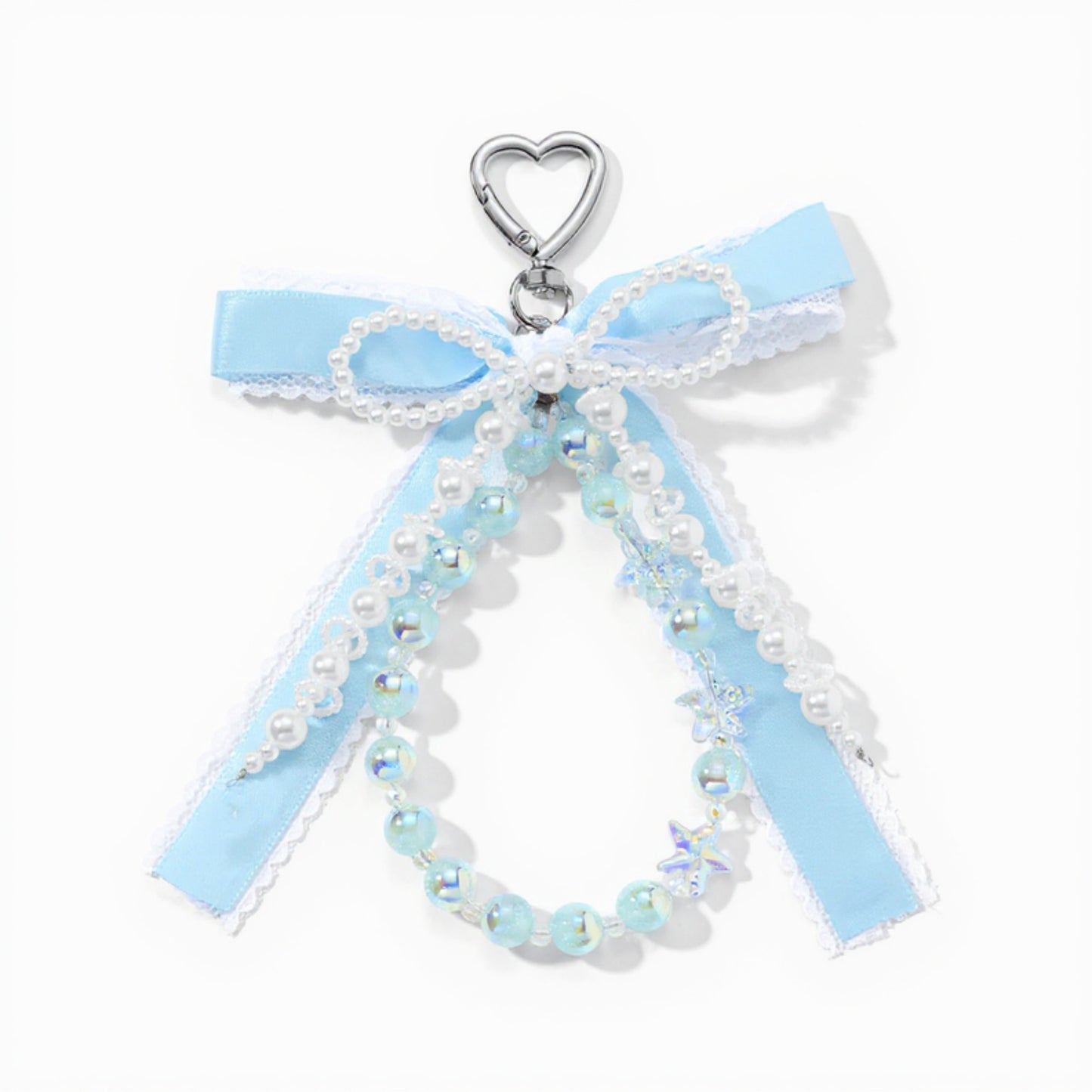 Anna-Kaci Blue Ribbon Keychain with Pearl Bow and Iridescent Beaded Star Charms