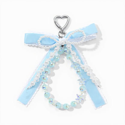 Anna-Kaci Blue Ribbon Keychain with Pearl Bow and Iridescent Beaded Star Charms