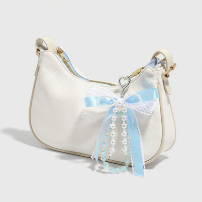 Anna-Kaci Blue Ribbon Keychain with Pearl Bow and Iridescent Beaded Star Charms