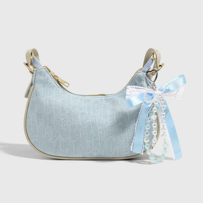 Anna-Kaci Blue Ribbon Keychain with Pearl Bow and Iridescent Beaded Star Charms