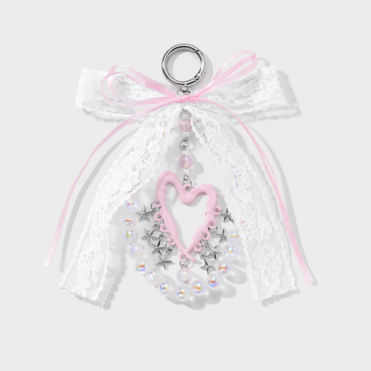 Anna-Kaci Blue Ribbon Keychain with Pearl Bow and Iridescent Beaded Star Charms
