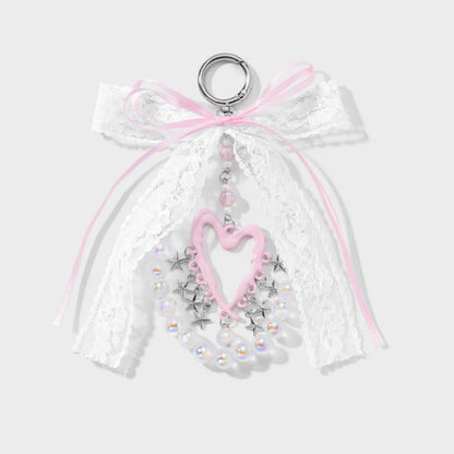 Anna-Kaci Blue Ribbon Keychain with Pearl Bow and Iridescent Beaded Star Charms