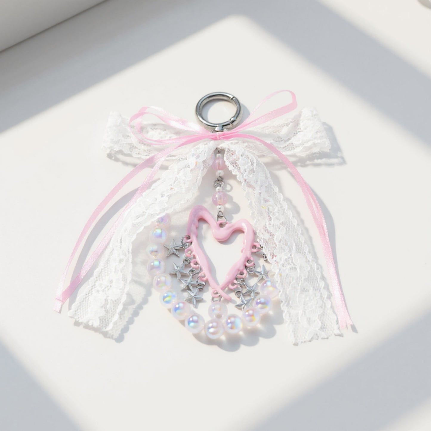 Anna-Kaci Blue Ribbon Keychain with Pearl Bow and Iridescent Beaded Star Charms