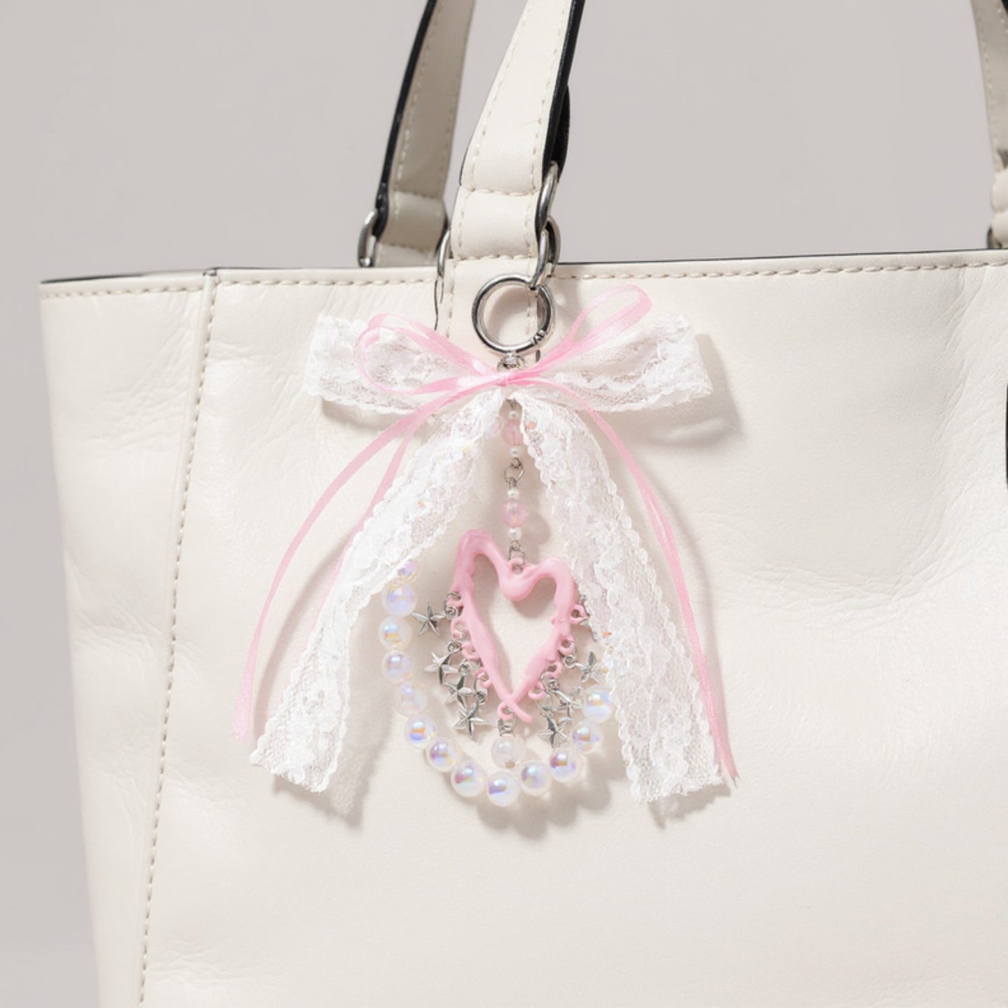 Anna-Kaci Blue Ribbon Keychain with Pearl Bow and Iridescent Beaded Star Charms