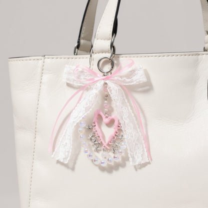 Anna-Kaci Blue Ribbon Keychain with Pearl Bow and Iridescent Beaded Star Charms