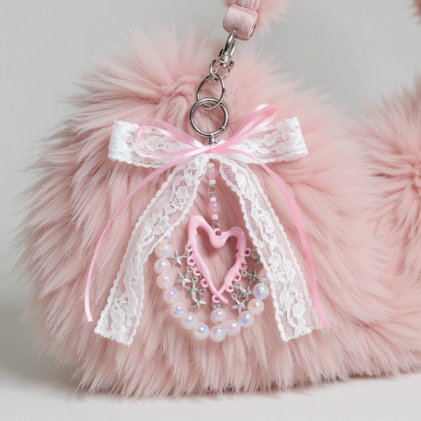 Anna-Kaci Blue Ribbon Keychain with Pearl Bow and Iridescent Beaded Star Charms