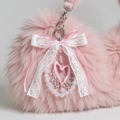 Anna-Kaci Blue Ribbon Keychain with Pearl Bow and Iridescent Beaded Star Charms