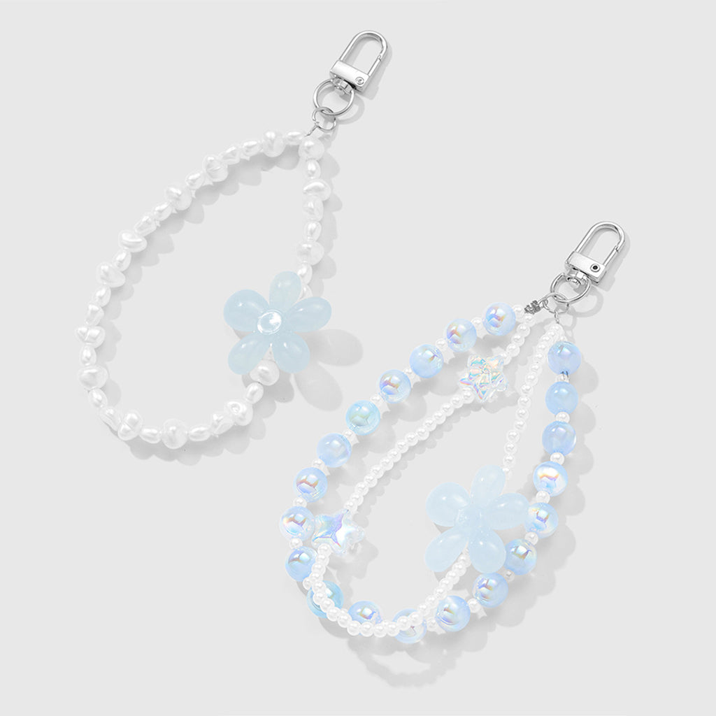 Anna-Kaci 2-Piece Blue Beaded Keychain with Flower Charm and Silver Star Accents