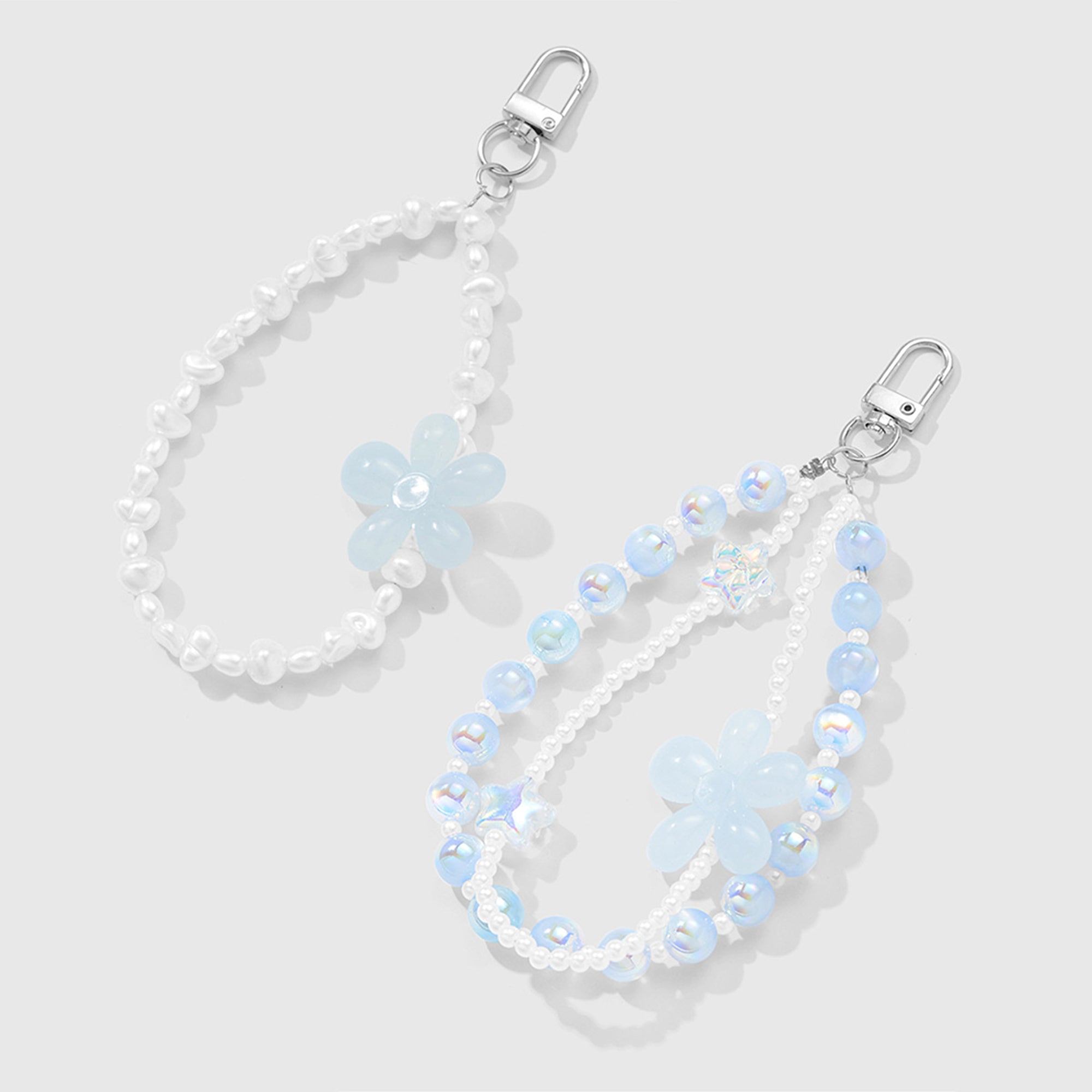 Anna-Kaci 2-Piece Blue Beaded Keychain with Flower Charm and Silver Star Accents