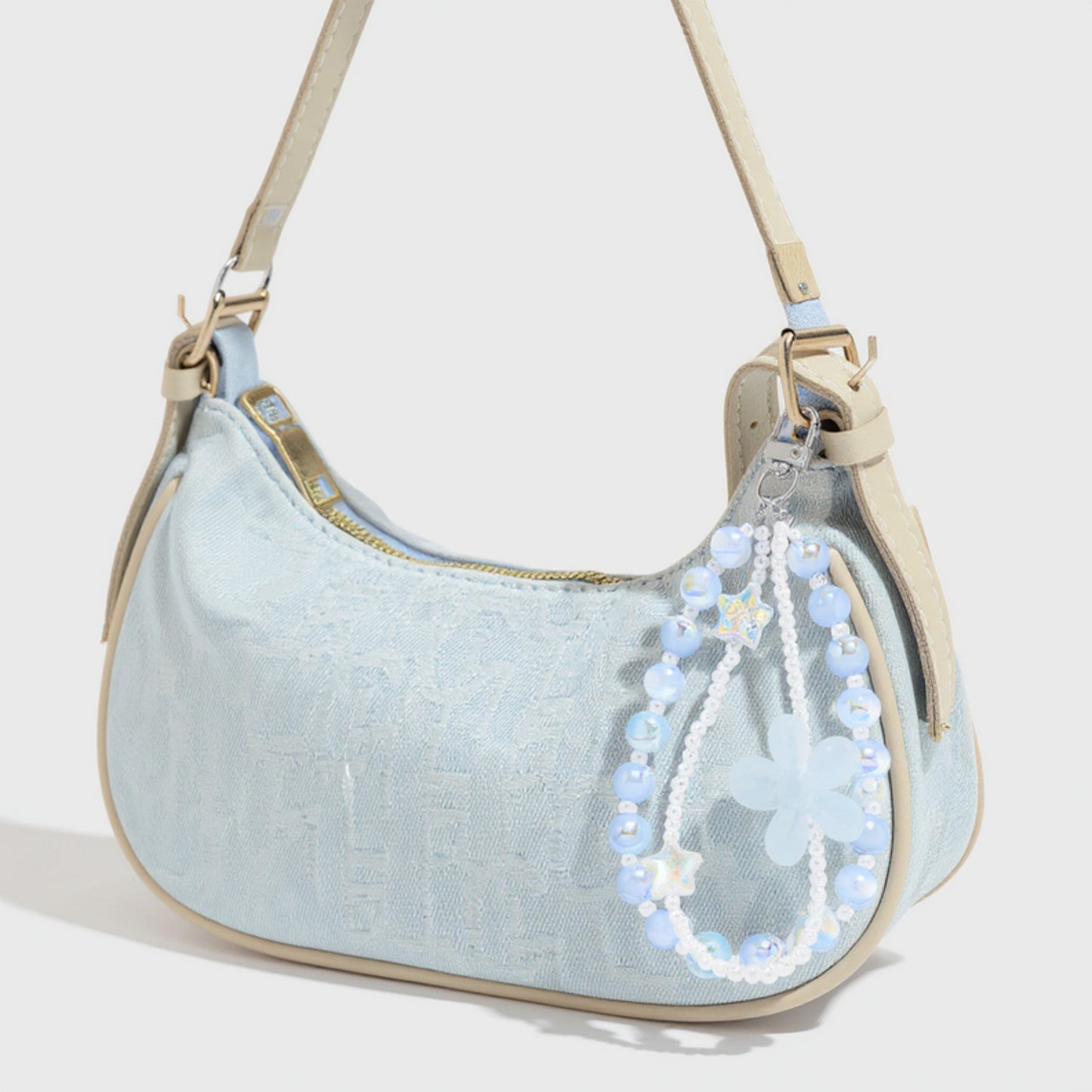 Anna-Kaci 2-Piece Blue Beaded Keychain with Flower Charm and Silver Star Accents