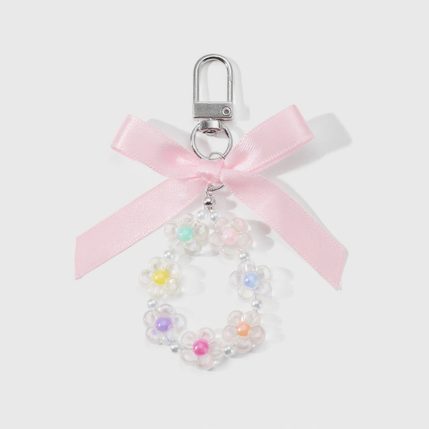 Anna-Kaci Pastel Flower Beaded Keychain with Pink Satin Bow and Pearl Accents