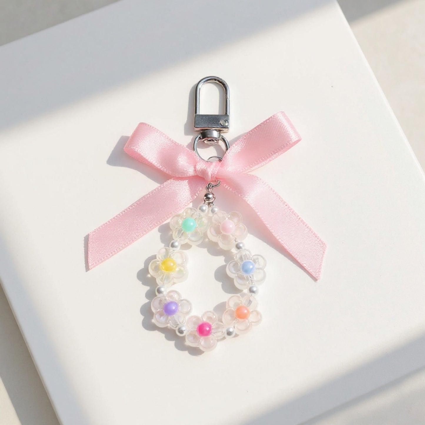 Anna-Kaci Pastel Flower Beaded Keychain with Pink Satin Bow and Pearl Accents