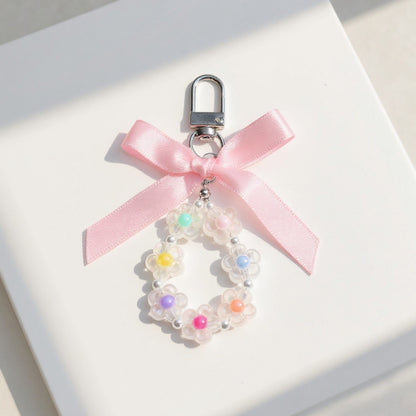 Anna-Kaci Pastel Flower Beaded Keychain with Pink Satin Bow and Pearl Accents