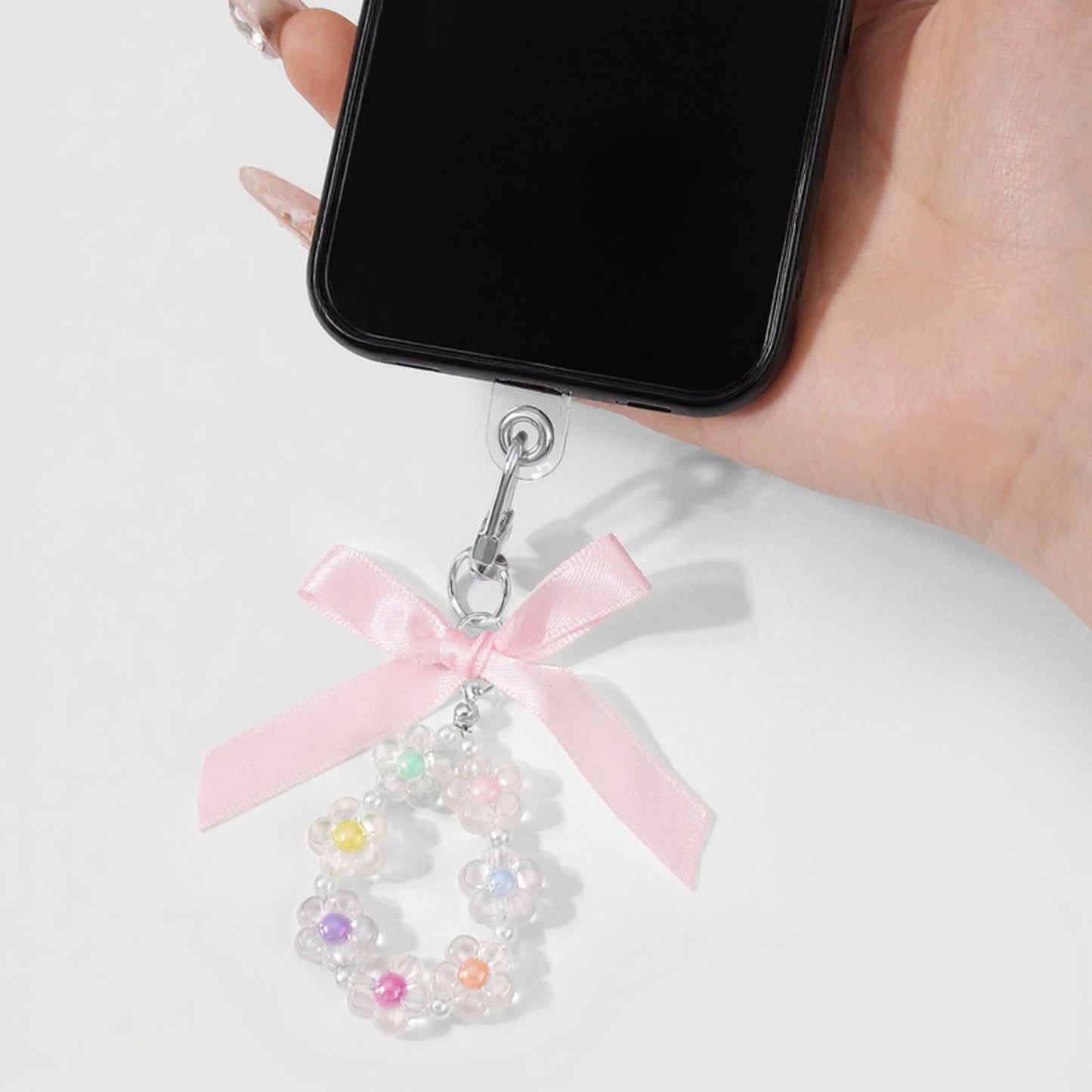 Anna-Kaci Pastel Flower Beaded Keychain with Pink Satin Bow and Pearl Accents