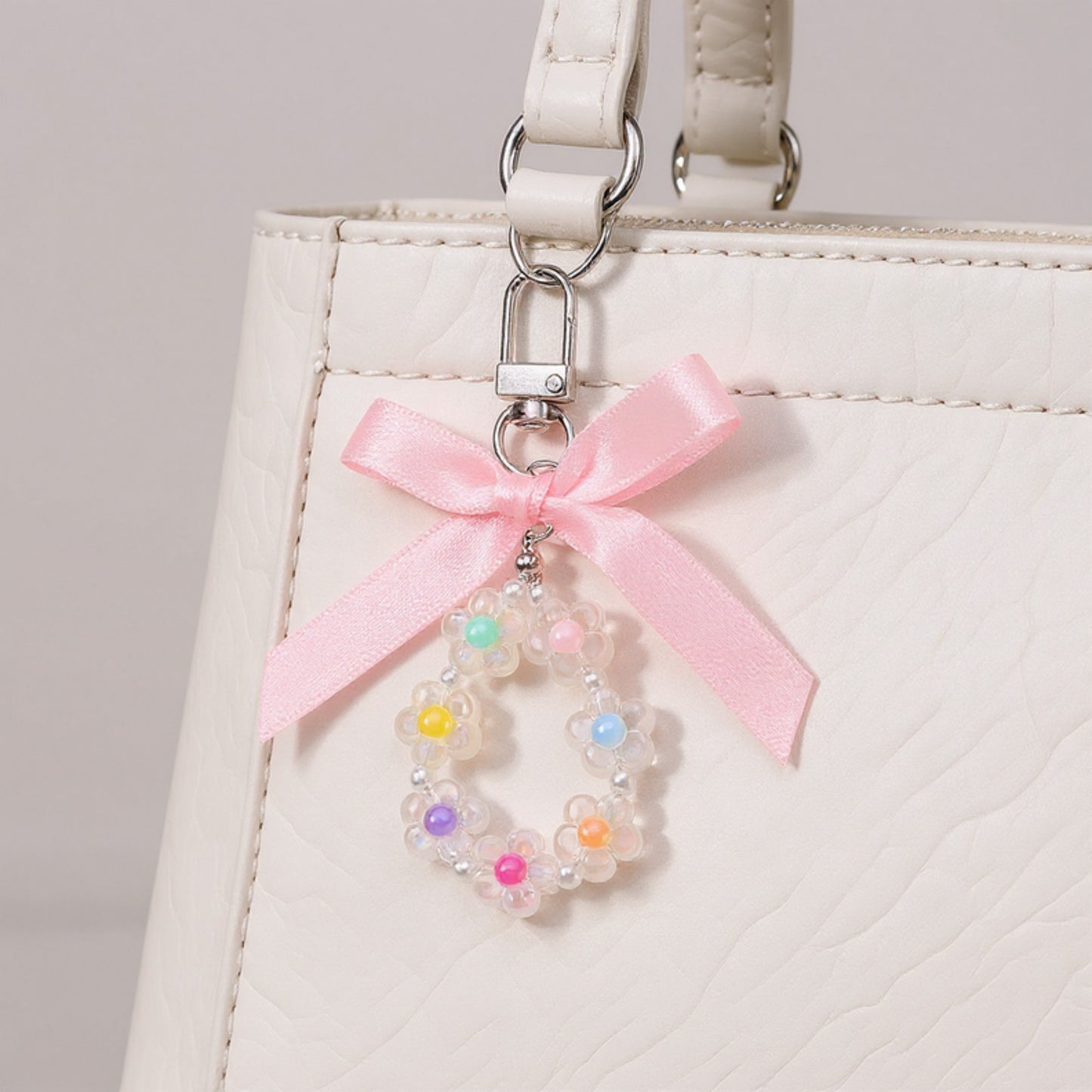 Anna-Kaci Pastel Flower Beaded Keychain with Pink Satin Bow and Pearl Accents