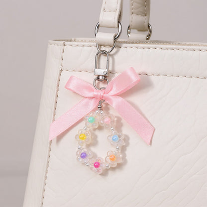 Anna-Kaci Pastel Flower Beaded Keychain with Pink Satin Bow and Pearl Accents