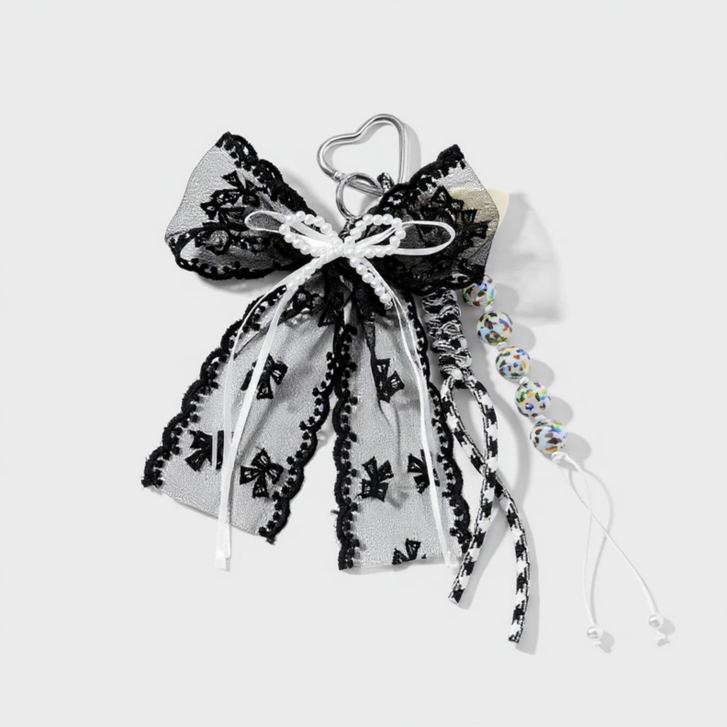 Anna-Kaci Black Lace Bow Keychain with Heart Clasp and Beaded Ribbon Details