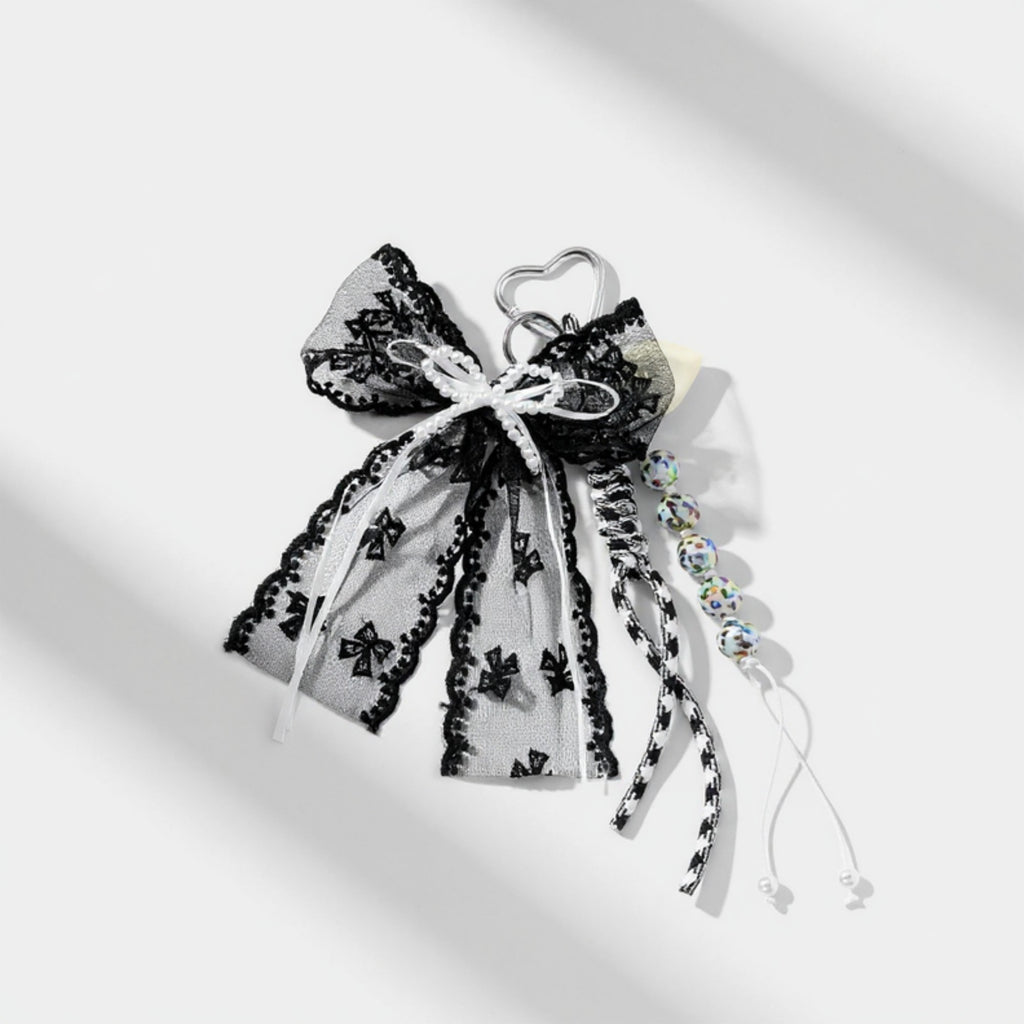 Anna-Kaci Black Lace Bow Keychain with Heart Clasp and Beaded Ribbon Details