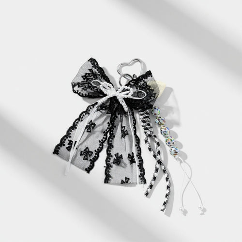 Anna-Kaci Black Lace Bow Keychain with Heart Clasp and Beaded Ribbon Details