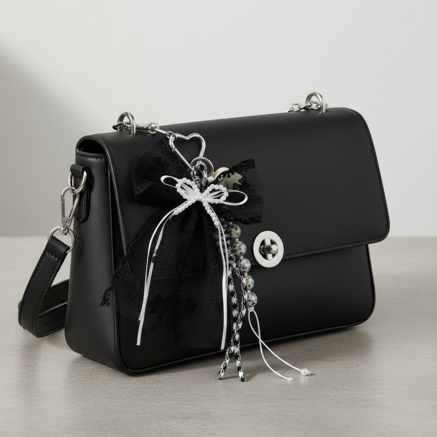 Anna-Kaci Black Lace Bow Keychain with Heart Clasp and Beaded Ribbon Details