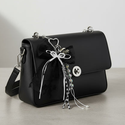 Anna-Kaci Black Lace Bow Keychain with Heart Clasp and Beaded Ribbon Details