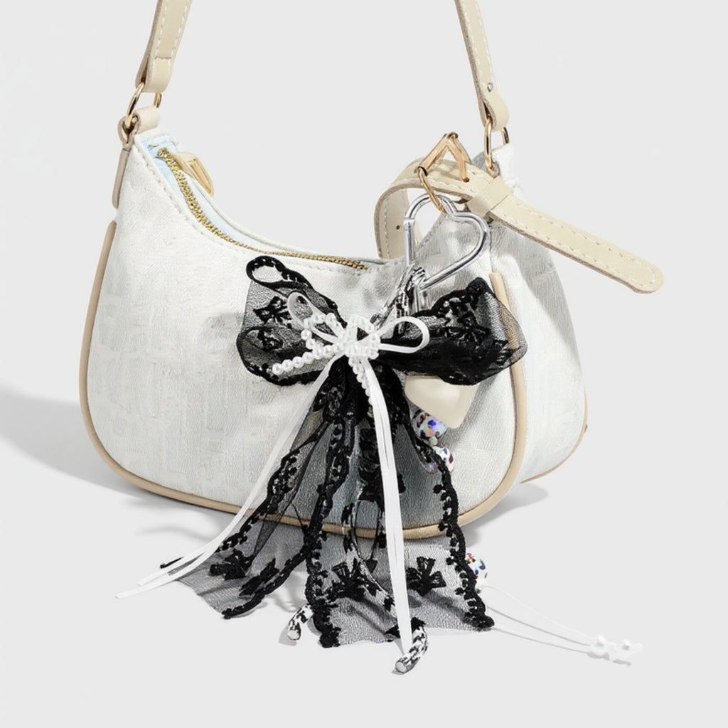 Anna-Kaci Black Lace Bow Keychain with Heart Clasp and Beaded Ribbon Details