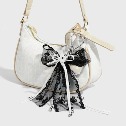 Anna-Kaci Black Lace Bow Keychain with Heart Clasp and Beaded Ribbon Details