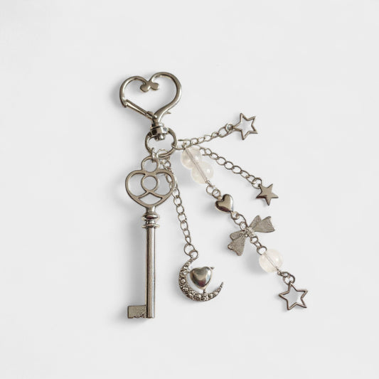 Anna-Kaci Silver Heart Keychain with Moon, Star, and Bow Charms
