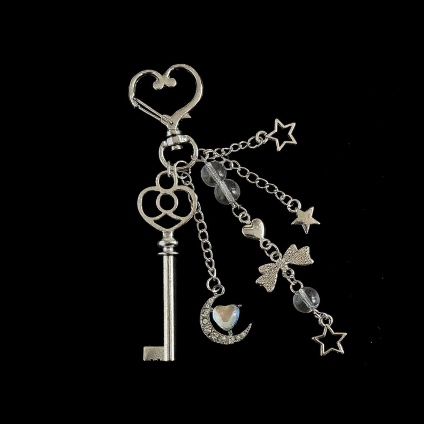 Anna-Kaci Silver Heart Keychain with Moon, Star, and Bow Charms