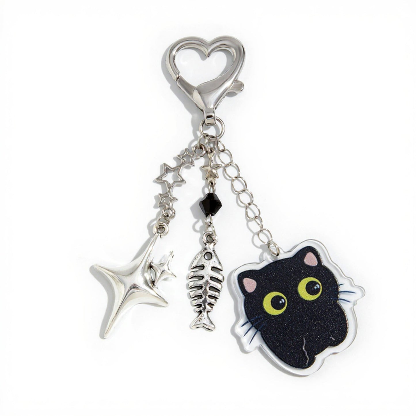 Anna-Kaci Black Cat Keychain with Heart Clasp and Silver Charms