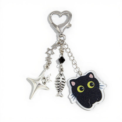 Anna-Kaci Black Cat Keychain with Heart Clasp and Silver Charms