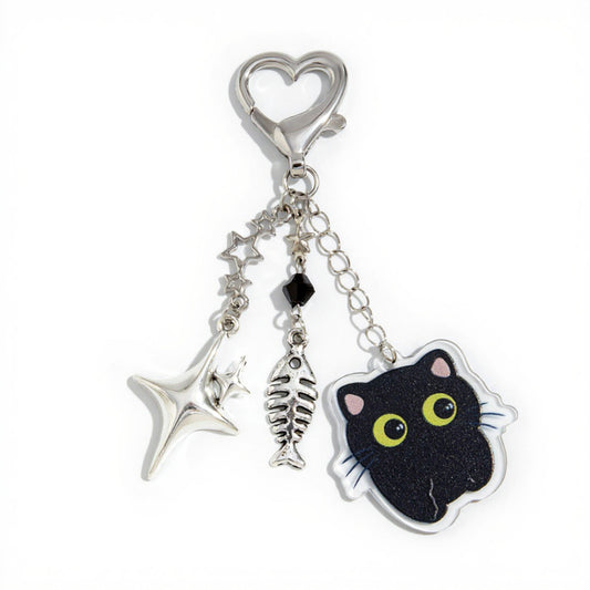 Anna-Kaci Black Cat Keychain with Heart Clasp and Silver Charms
