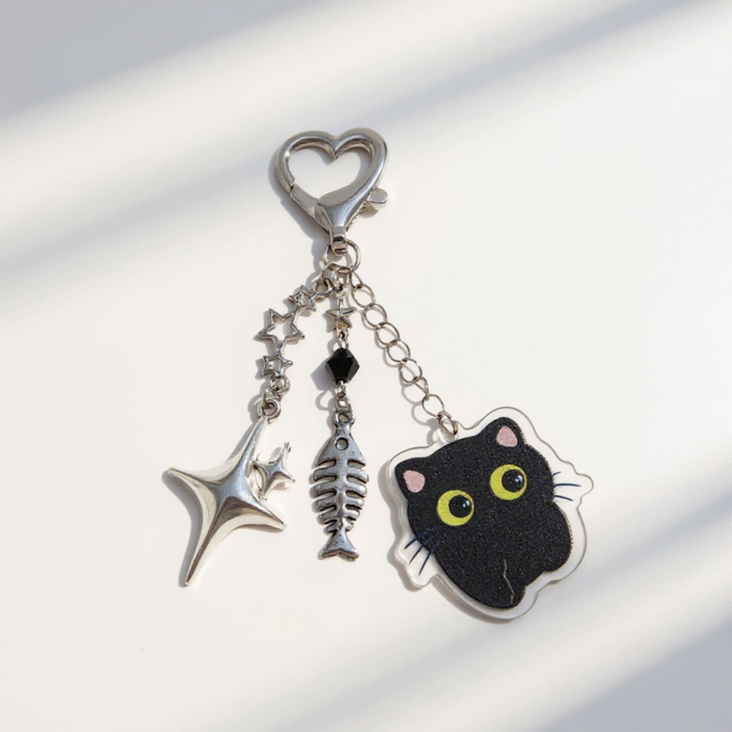 Anna-Kaci Black Cat Keychain with Heart Clasp and Silver Charms