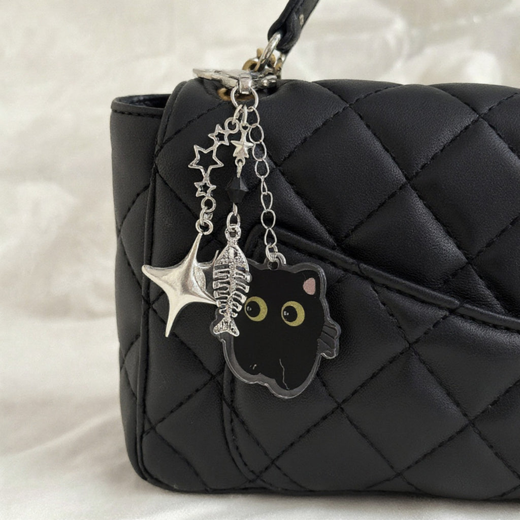 Anna-Kaci Black Cat Keychain with Heart Clasp and Silver Charms