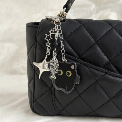 Anna-Kaci Black Cat Keychain with Heart Clasp and Silver Charms