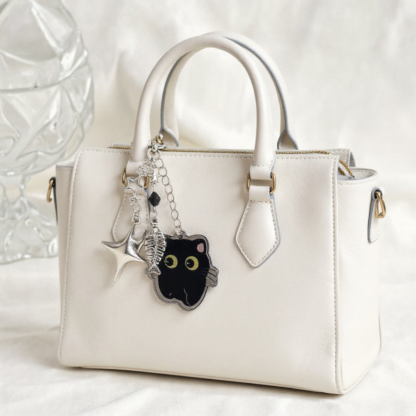 Anna-Kaci Black Cat Keychain with Heart Clasp and Silver Charms
