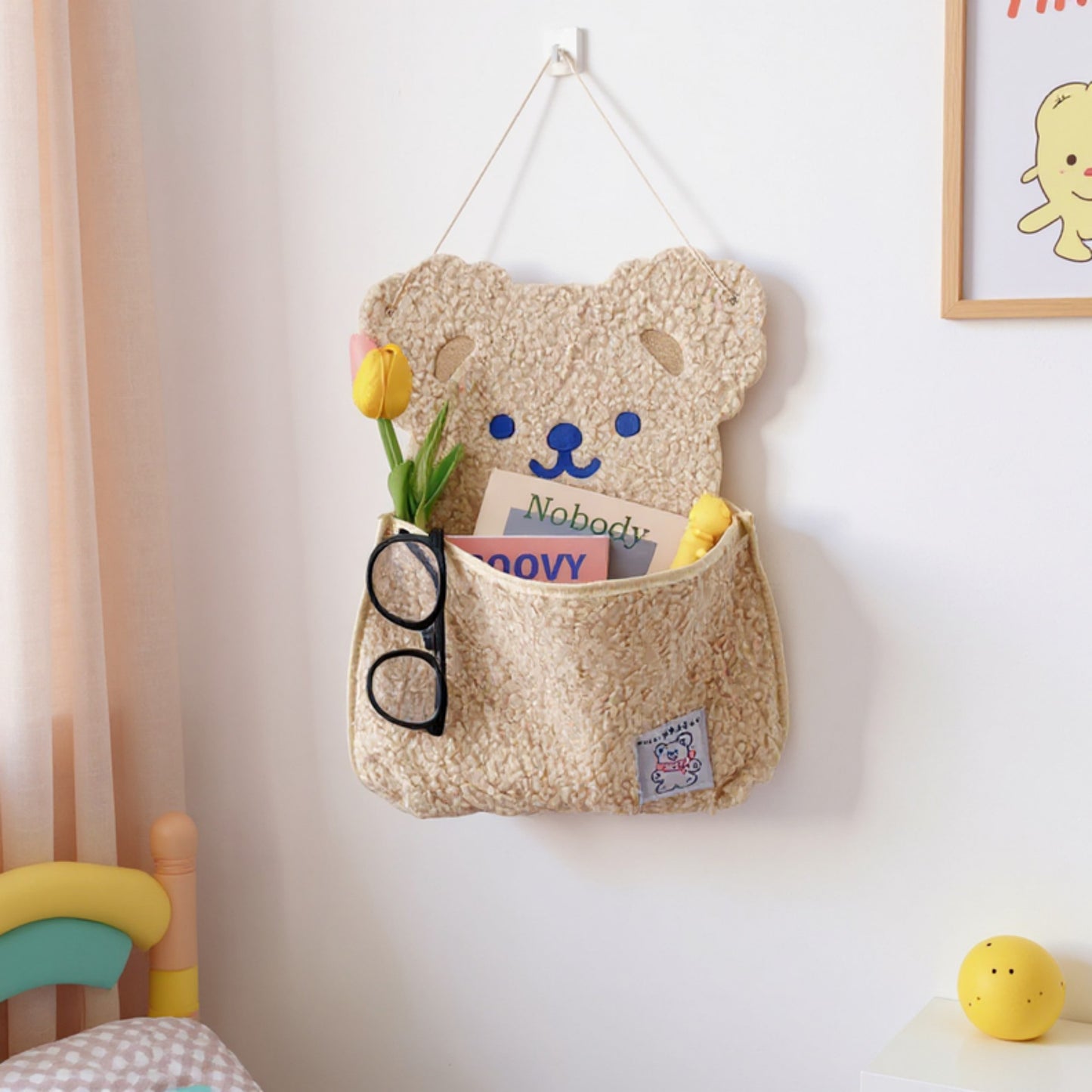 Anna-Kaci Plush Bear Wall Pocket Organizer with Hanging Loop and Front Storage Pouch
